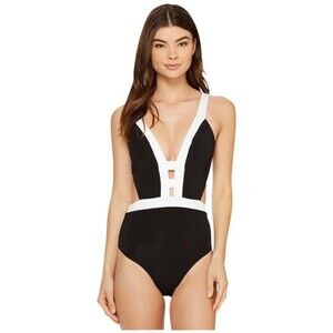 NWT JETS by Jessika Allen 6/10 $205 swimsuit black white plunging one-piece sexy